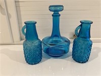 Blue Art Glass Decanter & 2 Art Glass Cruets