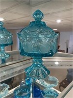 Coin Dot Blue Art Glass Covered Candy Dish