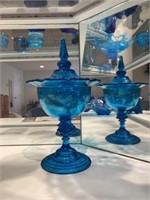 Blue Art Glass Covered Covered Pedestal Compote