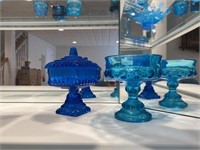 2 Blue Art Glass Pedestal Candy Dishes