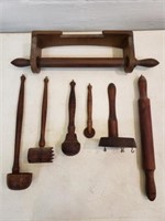 Wood kitchen utensils w/ hanger & paper holder