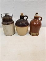 2 pottery jugs, 1 jar, 8" tall