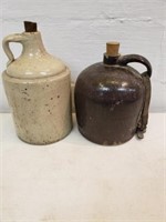 Brown jug & off white jug with corks-12' tall