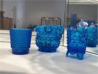 3 Blue Art Glass Hobnail Containers