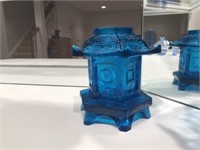Blue Art Glass Pagoda Candle Holder