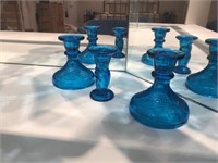 3 Blue Art Glass Candle Sticks
