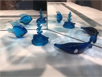 3 Blue Art Glass Paperweights
