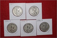 (5) Walking Liberty Half Dollars 1917 to 1946S Mix