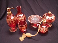 Six pieces of red art glass marked Vetri
