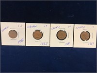 1952, 53, 54, 55 Canadian one cent pieces