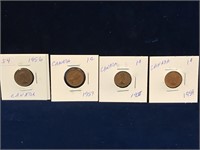 1956, 57, 58, 59 Canadian one cent pieces