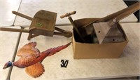 Wooden wheel barrow, Brass tire pump, Misc.