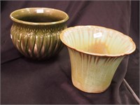 Two pieces of green art pottery: two flower pots,