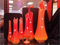 Six orange mid-century slag glass swung vases: 22