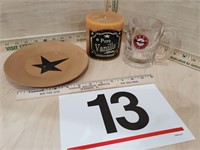 a&w mug, candle, plastic plate