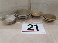 3 sm crock bowls & 1 other - minor cracks