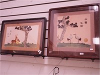 Two framed Asian pieces: one of storks and one of