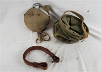 Canteen, Leather Belt & Military Bag