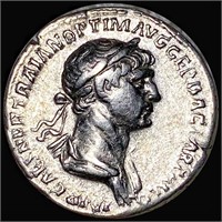 98-117 AD Trajan Silver Denarius ABOUT UNC