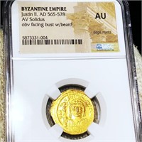 565-578 Byzantine Empire Gold Solidus NGC - AU