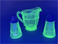 Vaseline Glass Pitcher w/S&P Shakers