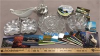 Serving/Relish Trays, Pewter Lamp, Postcards,