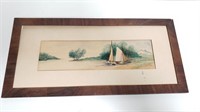 Signed Watercolor Painting Boat Trees Home