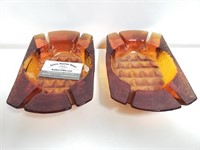 (2) Amber Glass Ashtrays 9.5 × 6"