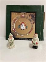 Snow Village Plate and Santa/Mrs Clause Shakers