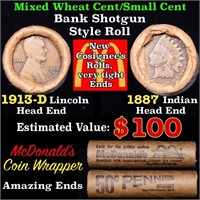 Mixed small cents 1c orig shotgun roll, 1913-d Whe