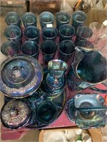 Large A lot of blue carnival glass water glasses