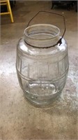 Duraglas glass barrel jar with wire handle,