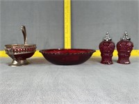 Ruby Red Glass Jelly Dish, Bowl, Shakers