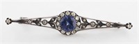 Edwardian 14K Diamond & Sapphire Filigree Bar Pin