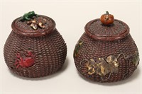 Pair Japanese Meiji Period Bronze Jars and Covers,