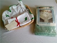 Christmas napkins. New. And green lace tablecloth