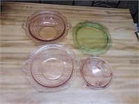 4 colored glass pieces. 2 bowls similar.
