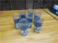 7 Gold rimmed glasses with blue Japanese horse