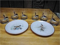 6 goose glasses and 2 plates(not matching)