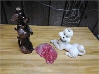 3 glass dog statues, poodles.