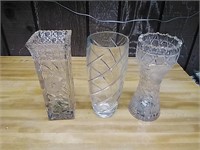 3 heavy leaded glass vases