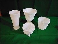 milk glass vase, and bowls