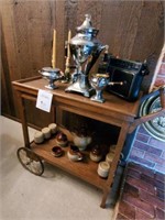 Vintage Rolling Wooden Tea Cart with Contents