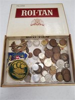 Cigar Box with Foreign Coins, Military Patches &