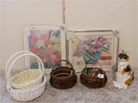 pinecone and wood baskets, 2 floral pictures