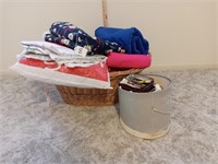 wicker laudry basket full of fabrics, buttons,