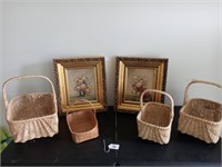 wood gold frames with floral pic, baskets