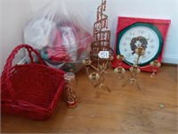 christmas clock, 2 candlelabras, basket, tree