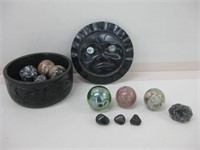 Carved Perlite Bowl w/ Stone & Glass Spheres, etc