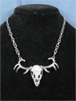 Silver Tone Rhinestone Skull Necklace